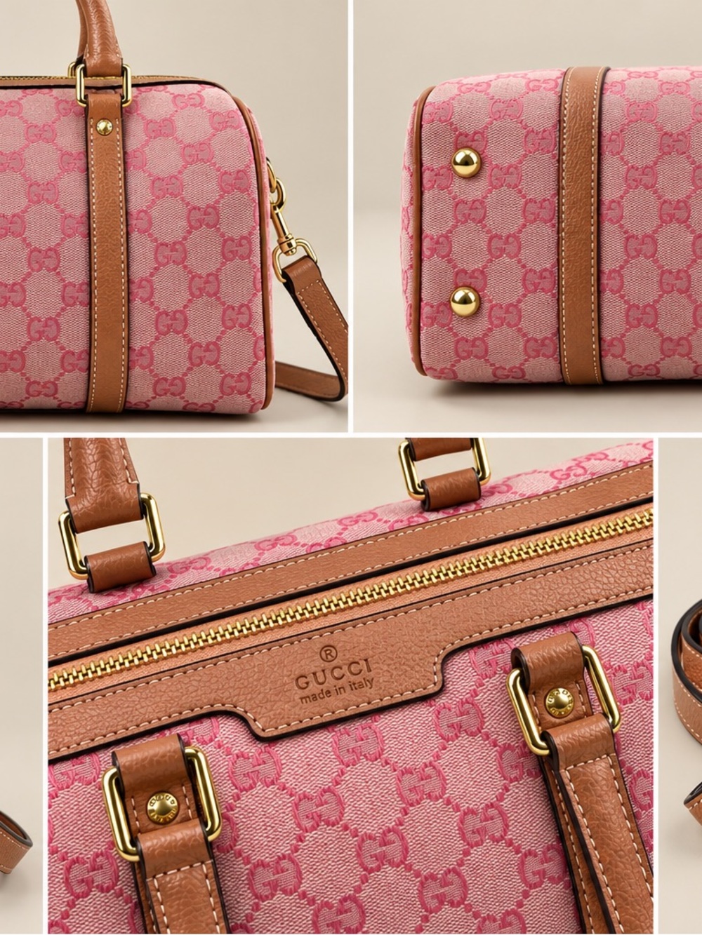 Gucci Pink GG Canvas Top-Handle Satchel with Tan Leather Trim